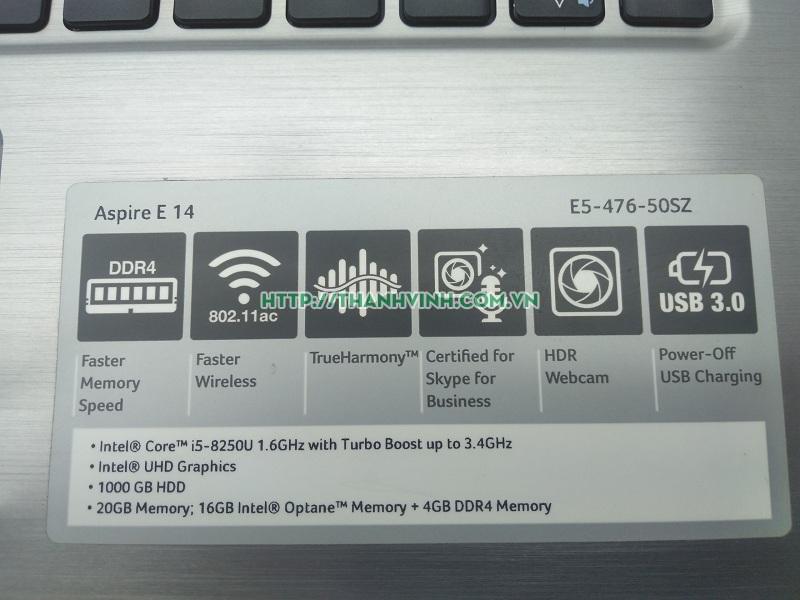 LAPTOP ACER ASPIRE14 E5-476-50SZ CPU CORE I5-8250U, RAM 4GB, HDD 1TB + 16GB OPTANE INTEL, VGA INTEL UHD GRAPHICS, LCD 14.0(đã bán 030421)