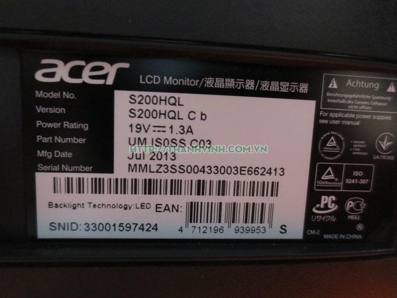 Màn hình máy tính cũ ACER S200HQL850 19.5''inch độ phân giải 1600 x 900 pixel.(đã bán)